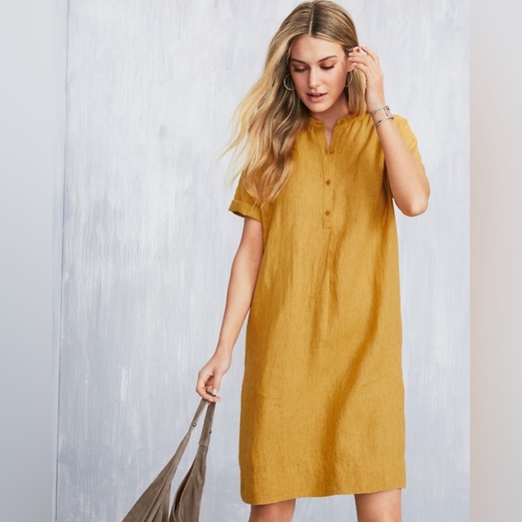 EILEEN FISHER Washed-Organic-Linen Délavé Short-Sleeve Dress Size L - Picture 1 of 9